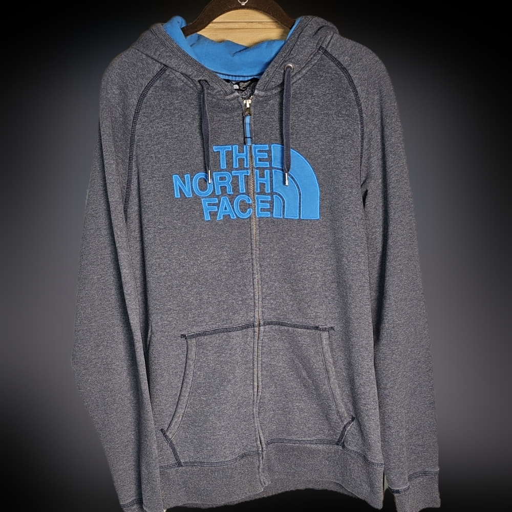 North Face Gray and Blue Hoodie Zip Up, Front Pockets, Mens LG - Picture 2 of 9